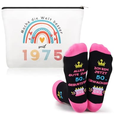 Xuniea 2 Piezas Regalo de Cumpleaños Ideal para Mujeres, Incluye Bolsa de Maquillaje y Calcetines de Cumpleaños para Mujeres(50 años)