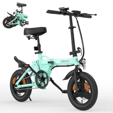 ESKUTE F100 Bicicleta Eléctrica Plegable 14", Ebike 36V 9Ah con Pantalla LCD, Velocidad Máxima 25km/h, Autonomía 60KM, Sillín Ergonómico, Bici Electrica para Adultos Urbanos,Cian