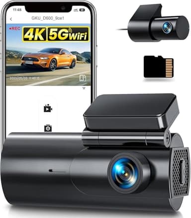 GKU Dashcam Cámara Coche 4K+1080P, 5GHz WiFi Dash CAM Coche con Tarjeta SD de 64GB,Camara Coche Grabadora,170° Gran Angular,Visión Nocturn,WDR,Sensor G,Monitor de Aparcamiento,Grabación de Bucle