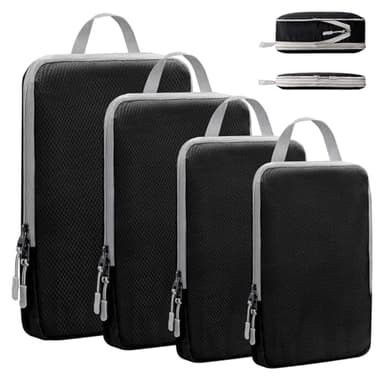 VMUTGA Organizador Maleta, Compression Packing Cubes, Expandibles, Impermeable, Ultraligera, Bolsas de Viaje para Maletas y Mochila, 4 en 1 Set Negro