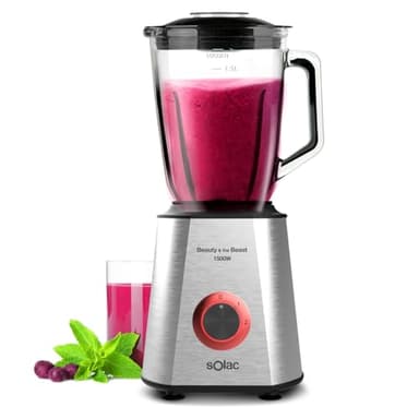 Solac BV5728 Beauty and the Beast 1500 - Batidora de vaso, 1500W, cuchillas 6 filos de acero inoxidable, 2 velocidades + Turbo, pica hielo, jarra cristal graduada 1.5L, boca llenado, sistema seguridad