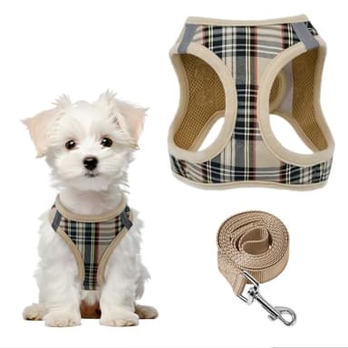 PawSailor Step-in Arnés Perro con Correa Antitirones Reflectante Arneses para Perros Pequeños Ajustable A Cuadros Acolchado Suave Transpirable Arnes Chaleco para Cachorros, Gatos, Beige M