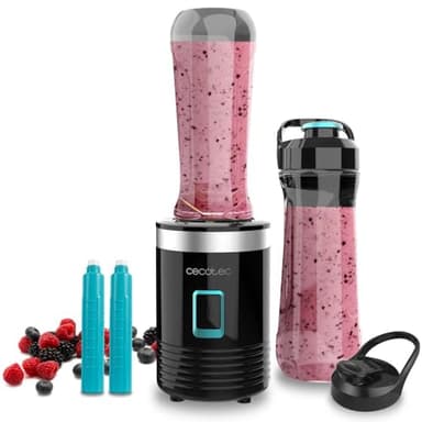 Cecotec Batidora Vaso Portátil Individual Power Titanium 350 EasyGo. 350W, Pica Hielo, Cuchillas 4 Hojas Recubrimiento de Titanio Negro, Incluye 2 Tubos Refrigeradores, 2 Vasos Portátiles y 2 Tapas