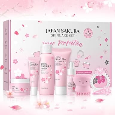 Set de Cuidado Facial Sakura 8 Piezas,Set de Cuidado Diario de la Piel con Limpiador,Tónico,Crema facial,Esencia,Esencia ocular,Cepillo,Correa y clip para el cabello,para Adolescentes y Mujeres