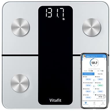 Vitafit Bascula de Baño Digital, Fábrica Profesional DESDE 2001, Bascula Grasa Corporal y Muscular con App, Bascula Inteligente 13 Composición de Corporal Peso IMC Muscular, 182kg Plata