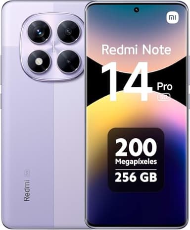 XIAOMI Redmi Note 14 Pro 5G - Smartphone de 8+256GB, Pantalla de 6.67" AMOLED FHD+ 120Hz, MediaTek Dimensity 7300-Ultra, cámara de 200MP, TurboCharge 45W, Cargador no Incluido, Morado (Versión ES)