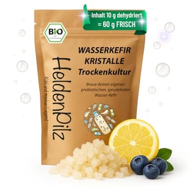 HeldenPilz® orgánico Kit inicial para kéfir de agua – kéfir con tubérculos activos | Comprar hongos Cristales de kéfir de agua ecológicos | crecimiento rápido (10 g deshidratados/60 g frescos)