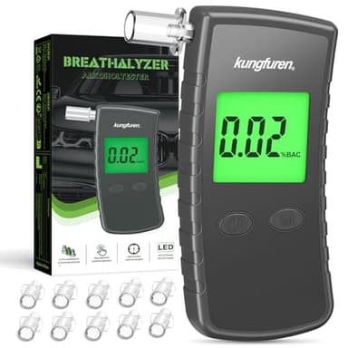 kungfuren Alcoholimetro Homologado Profesional Alcoholemia Test: Alcoholímetro Alcohol Test con Pantalla Digital LCD Azul y 11 Boquillas - Alcoholimetros para Uso Doméstico y Profesional Gris