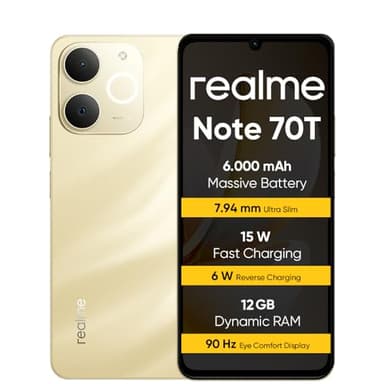 realme Smartphone Note 70T 4+256 GB Móviles, Gran batería de 6000 mAh, Carga rápida de 15 W con Carga inversa de 6 W, RAM dinámica de 24 GB, Pantalla con Modo de Comodidad Ocular de 90 Hz, Oro