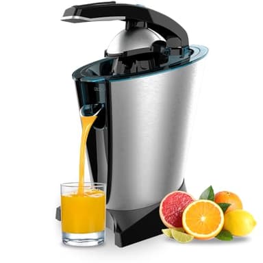 Cecotec Exprimidor eléctrico de brazo EssentialVita Hyden 600 Steel. 600 W, Filtro de acero inoxidable, 2 Conos desmontables, Palanca de presión, Sistema antigoteo, Apto lavavajillas