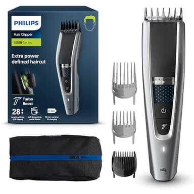 Philips Serie 5000 HC5630/15 - Cortapelos, 28 ajustes de longitud para estilo deseado, 90 min de uso sin cable, incluye 3 peines-guía y funda