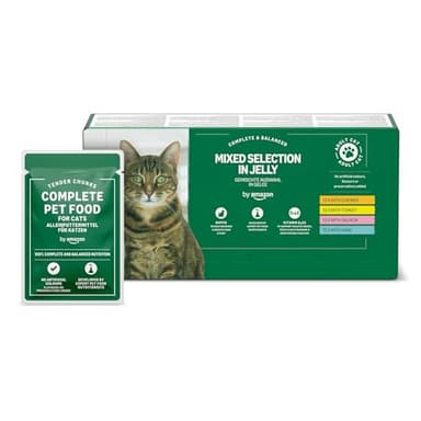 by Amazon - Alimento Completo sin Cereales para Gatos Adultos, selección mezclada en gelatina, 4,8 kg (48 Paquetes de 100 g)