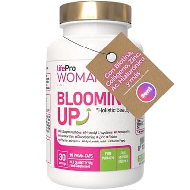 Vitaminas para el cabello con Biotina, Anticaida Pelo Mujer Blooming Up - Biotina Cabello Piel y Uñas + Colágeno Péptidos + Glucosamina Condroitina – Colágeno Hidrolizado Puro con Zinc y Astaxantina
