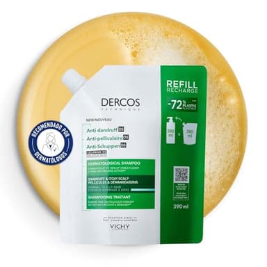 Vichy Recarga de Champú Anticaspa, Para Cabello Normal a Graso, Elimina la Caspa y Reduce los Picores, Cuero Cabelludo Limpio y Sano, Doble Eficacia, Unisex, Dercos Technique, 400 ml