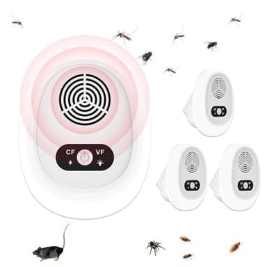 Repelente Ultrasónico de Plagas, 4PCS Electrónico Repelente Mosquitos Insectos, Ahuyenta Ratones, Cucarachas, Mosquitos, Doble Frecuencia Ajustable CF/VF + Luz Nocturna LED, Cobertura 160 m²