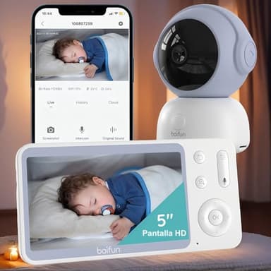 BOIFUN 2K 5" Camara Vigilancia Bebe, Funciona con o sin WiFi, Visión Nocturna Infrarroja, Detección de Llanto y Movimiento, Seguimiento 360°, Zoom 4X, App iOS y Android, Radiación Casi Nula