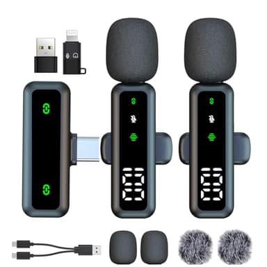 Micrófono Lavalier inalámbrico mejorado, equipado con pantalla de alimentación digital, para iPhone/Android/iPad/computadora, para grabación de video, Tiktok, Youtube, Vlog, micrófono de clip con