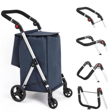 LEUYA ABC Carros de Compra, con Bolsillo para Congelados, 46L Carro de la Compra de 4 Ruedas, Carrito Compra Plegable de Aluminio (Azul)