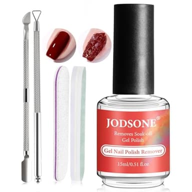 JODSONE Removedor de Esmalte de Uñas en Gel y Semipermanente 15ml – No Necesita Remojo o Envoltura – Remoción Fácil y Rápida en el Hogar, Incluye Empujador y Lima