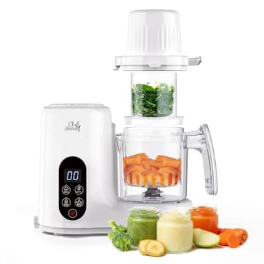 Chefhandy Pure Bebe Maquina 5 en 1 – Batidora para Pures de Bebé con Vaporera Doble, Procesador de Alimentos, Calienta Biberones, Cocción y Triturado Automático, Pantalla Táctil – Blanco