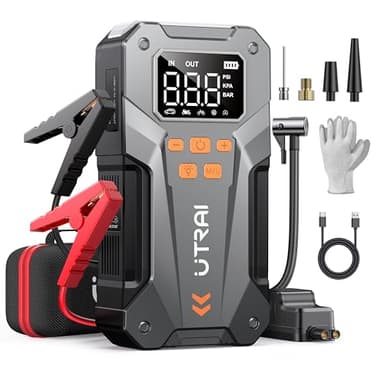 Arrancador de Coches,UTRAI Arrancador de Baterias de Coche con Compresor de Aire/Guantes Aislantes/18W Carga Rápida/Luz LED de 600 lúmenes(para All Gas o 12L Diesel) 6000A 12V Jump Starter