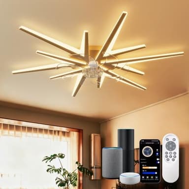 YOLEDY Ventilador de Techo con Luz LED Inteligente y Silencioso, Lámpara Regulable 6800LM, Plafón Diseño Estrella Compatible con Alexa, Control por APP y Mando, para Salón, Dormitorio, Dorado