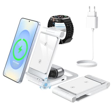 3 en 1 Cargador Inalámbrico Plegable para Samsung Galaxy S25 Ultra Plus FE S24 S23 S22 Z Flip Z Fold 7 6 5 4 3 para Galaxy Watch 8/Ultra/7/6/Classic/5/Pro/4 para Galaxy Buds Carga Rápida Adaptador 20W