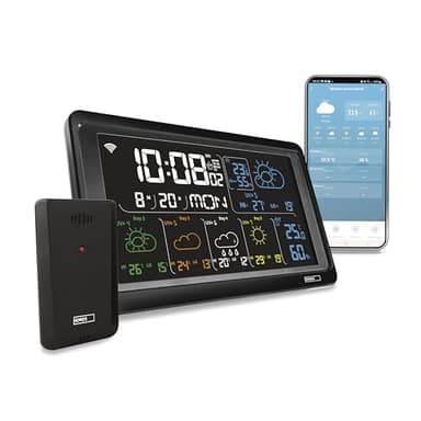 EMOS GoSmart – Estación meteorológica WiFi con sensor exterior inalámbrico y aplicación – Pantalla a color, previsión meteorológica de 5 días, termómetro, higrómetro, reloj, compatible con Tuya