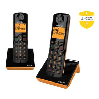 ALCATEL S280 Dúo - Teléfono Inalámbrico DECT - Diseño Compacto - Gran Pantalla Retroiluminada - Manos Libres - Bloqueo de Llamadas - Agenda 50 Contactos - 2 terminales - Negro/Naranja