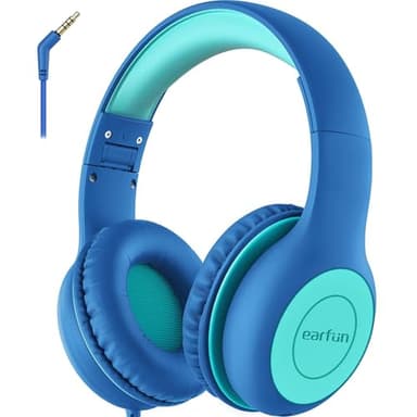 EarFun Auriculares para Niños con Cable, Limitador de Volumen 85 dB, Jack de 3,5 mm, Compartir Audio, Sonido Estéreo, Diadema Ajustable, para Escuela/Viajes/Teléfono para Niñas, Azul-Verde