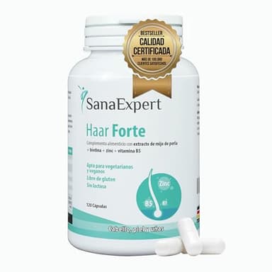 SanaExpert Haar Forte | Fortalece Cabello y Uñas. Con Biotina, Zinc, Mijo de Perla y Selenio. Vitaminas Para Un Cabello Fuerte | 120 Cápsulas Veganas, Anticaída. Fabricado en Alemania