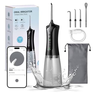 Irrigador Bucal Portátil, 350ML Irrigador Dental con 6 Boquillas y 5 Modos, IPX7 Impermeable,USB-C Recargable,Intensidad de ajuste de App Para Limpieza Dientes, (Negro)