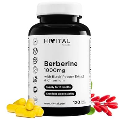 Berberina 1000 mg. 120 cápsulas veganas para 2 meses de tratamiento. Extracto natural de Berberis Vulgaris con Cromo y Pimienta Negra para mejorar la absorción. Fabricado en España por HIVITAL