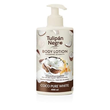 Tulipán Negro Loción Corporal con dosificador Coco Pure White, máxima hidratación 400 ml, intensamente perfumado y para todo tipo de pieles