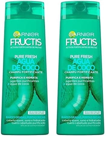 Garnier Fructis Pure Fresh Agua de Coco Champú Pelo Normal, con raíces grasas y puntas secas - 380 ml (Paquete de 2)