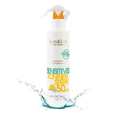 Jean & Len Sensitive Sun Spray 50 SPF resistente al agua, apto para pieles sensibles, sin siliconas, octocrileno, fragancias ni microplásticos, vegano, frasco pulverizador 250 ml