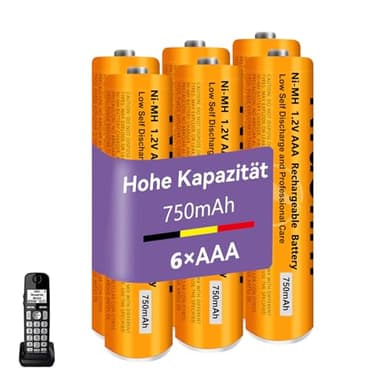 Pilas Rerecargables para Panasonic Teléfonos Inalámbricos, 750mAh 1.2V AAA Ni-MH Baterías Recargables para Gigaset Teléfonos Inalámbricos (6 Piezas)