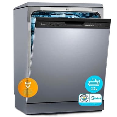 Midea Lavavajillas 60 cm+++ Inox para 12 servicios - Lavaplatos libre instalación - Compacto con 5 Programas de Lavado integrable - Filtro Antibacterias y Programación Horaria Nuevo Modelo