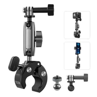 TELESIN Soporte de Motocicleta para DJI, Soporte de Bicicleta para DJI Osmo Action 5 Pro/4, Insta360 X3/X4, GoPro Hero 13/12/11/10/9, Acción Cámara Accesorio con Rotación de 360° y 1/4-20 mm Adaptador