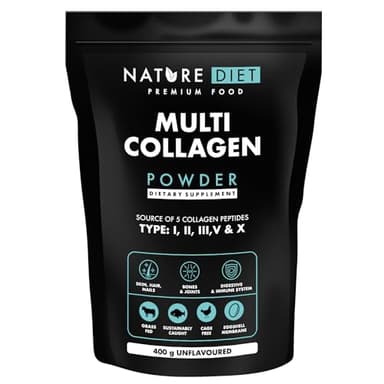 Nature Diet Multi Colágeno en Polvo Sin Sabor Péptido de Colágeno Hidrolizado Tipo: I, II, III, V y X, altamente biodisponible, péptido de colágeno, 400G