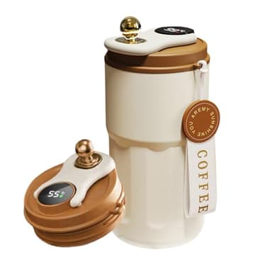 AMFUN Café a Prueba de Fugas Taza de Viaje, Marrón Taza Vaso Termo Cafe, Temperatura Smart Thermal Taza, Taza Aislada Inteligente Portátil de inox, para Café Frío y Caliente, Leche y Té