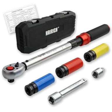 Hairich Llave dinamométrica de 1/2 pulgadas, 40-210 Nm, para bicicleta y moto, juego de 6 piezas, incluye barra de extensión de 125 mm, adaptador de 1/2"-3/8", 3 llaves para cambio de