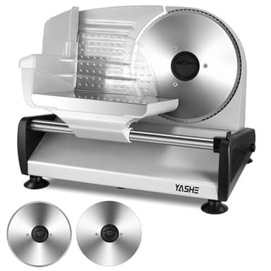 YASHE SL-518 Cortadora de Fiambre - Cortafiambres Eléctrico de 250W con Espesor Ajustable de 0 a 15mm, 2 Cuchillas de Acero Inoxidable Removibles de 19cm, Bloqueo de Seguridad y Pies de Succión