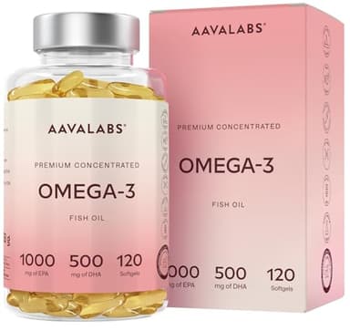 AAVALABS Omega 3 2000mg por dosis diaria (2 cápsulas) - 1000mg de EPA + 500mg de DHA - Ácidos Grasos de Alta Potencia - Destilado Molecularmente - 120 Cápsulas - 60 días de suministro