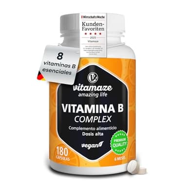 VITAMINA B COMPLEX Alta Dosis con B1, B2, B3, B5, B6, B7 (Biotina), B9 (Ácido Fólico) y B12 - Energía y Vitalidad -180 Tabletas Veganas - Vitamaze