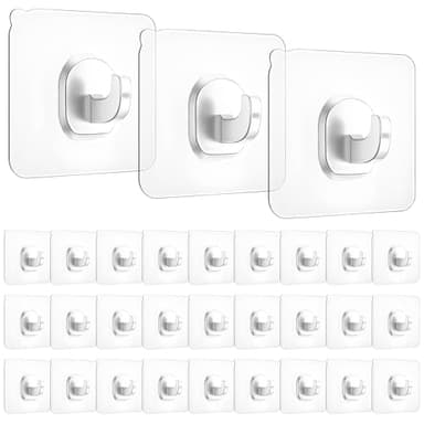 Juces Hogar ® - Ganchos adhesivos para pared - 30 piezas - 6cm - Transparente - Ganchos para colgar - Colgadores adhesivos resistentes - Gancho adhesivo fuerte