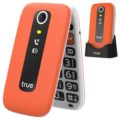 TRUE S70 Teléfono Móvil para Mayores con Tapa 2G, Pantalla de 2,8", Volumen Alto, Teclas Grandes, Alarma de Caída, Botón SOS, Cámara, Podómetro, Estación de Carga, Tarjeta microSD de 512MB, Naranja