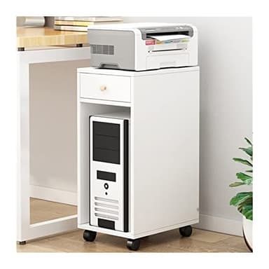 Soporte rodante de 2 niveles para CPU con cajón, carrito de impresora móvil para oficina en casa, soporte de torre de PC de madera sobre ruedas, solución compacta de almacenamiento de CPU (blanco)