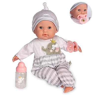 JC Toys- Muñeca Berenguer Boutique de Cuerpo Blando de 38 cm, Sus Ojos se abren y cierran, Incluye Ropa y Accesorios, Gris, diseñado por Berenguer, +2 años