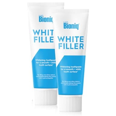 Bioniq® White Filler - 2 x 75 ml - Pasta dentífrica blanqueadora - Con 20% de hidroxiapatita - Protege y regenera el esmalte - Para unos dientes lisos y blancos - Elimina las manchas - Sin flúor